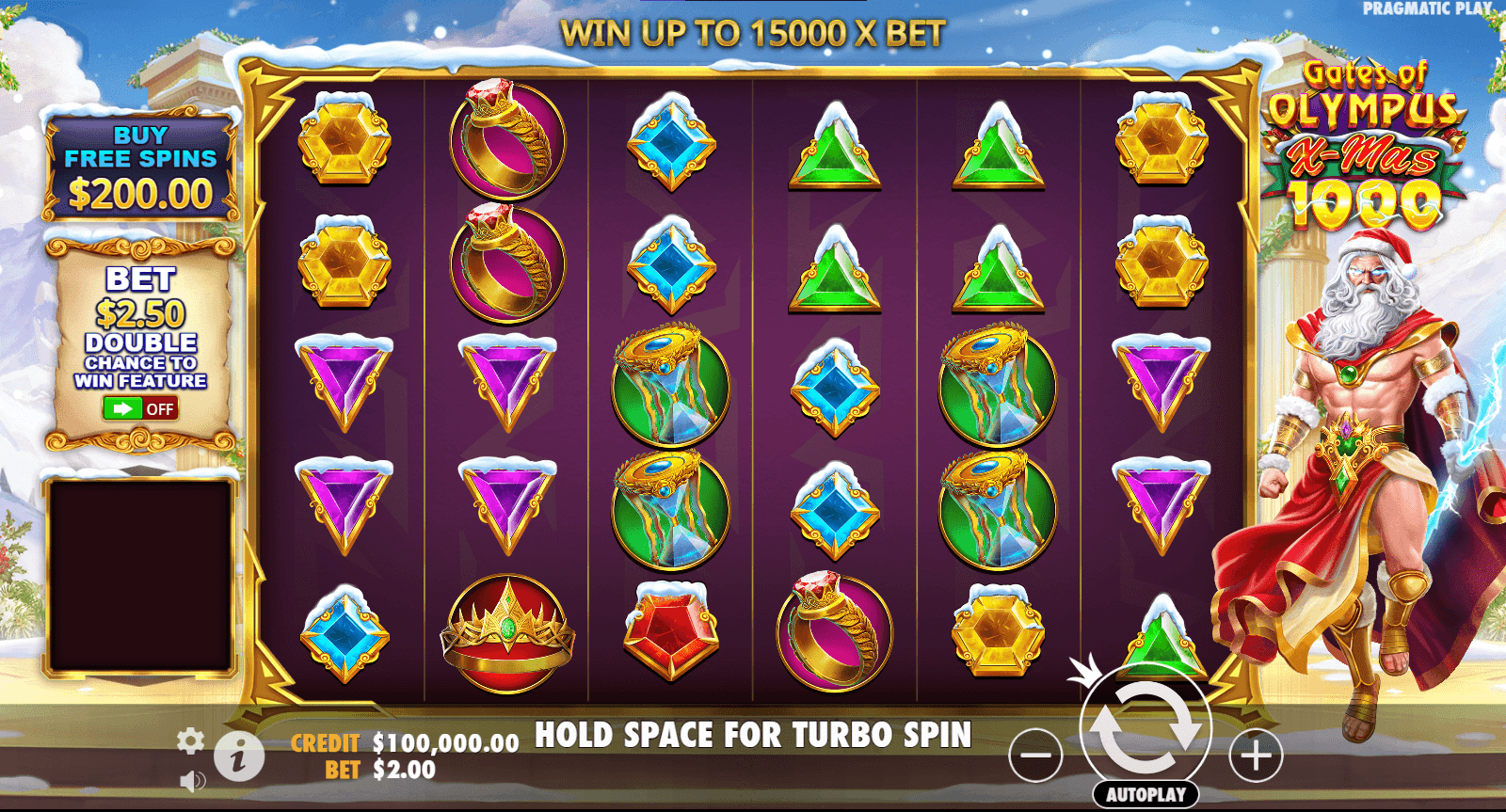 Gates of Olympus Xmas 1000 Graphics with sparkling ornaments, wrapped presents, candy-cane lightning bolts, crowned doves, and the classic gem-eyed Zeus