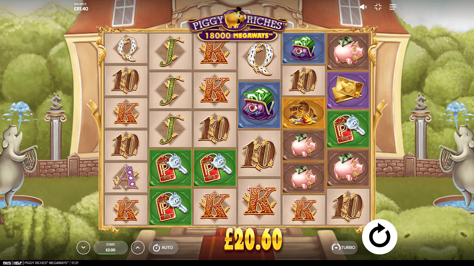 High-paying base game spin on Piggy Riches Megaways with stacked wilds and pig symbols.