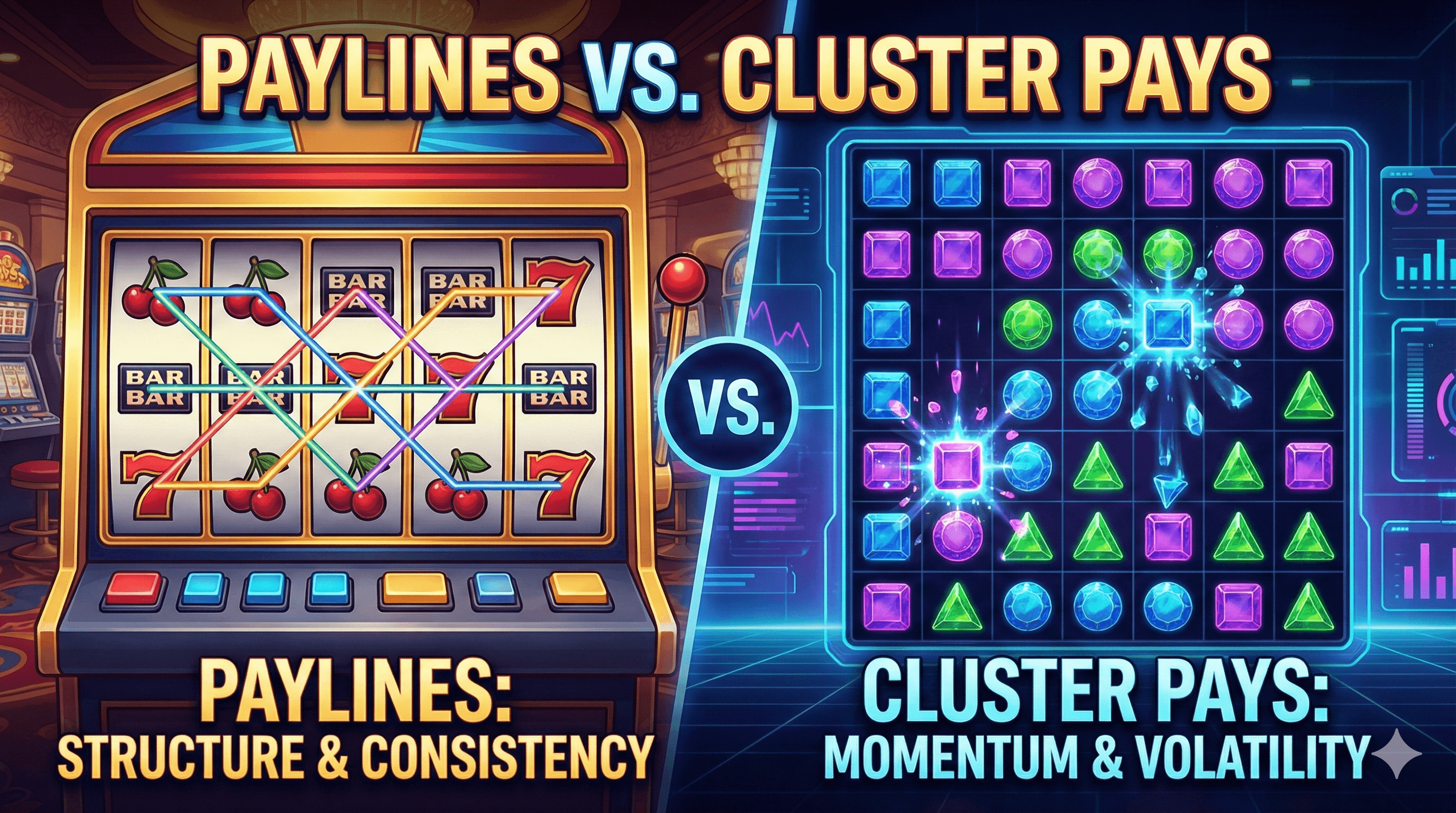 Illustration comparing payline slot grids and cluster pay slot grids.